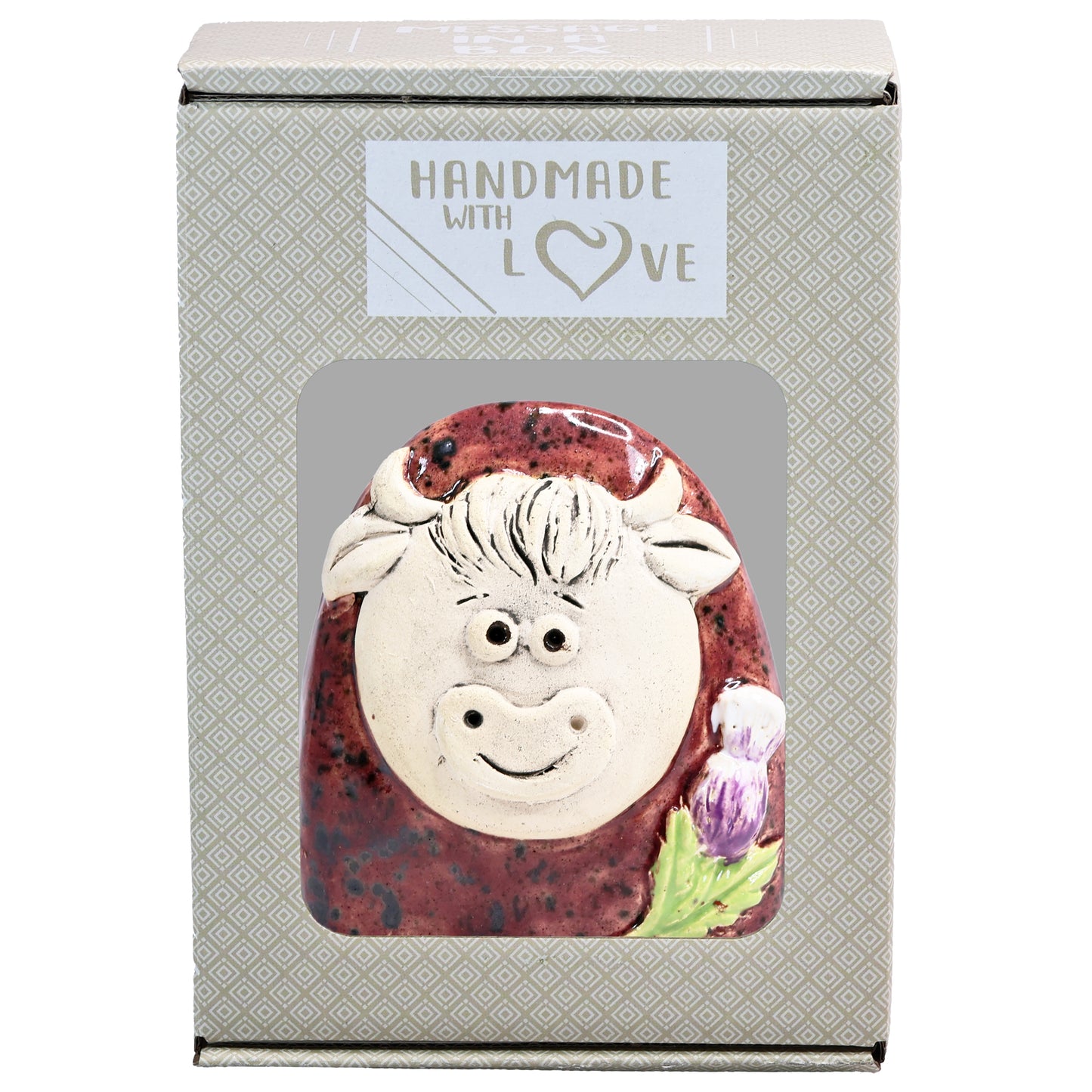 Charming Character of Handmade Ceramic Highland Cow with Thistle