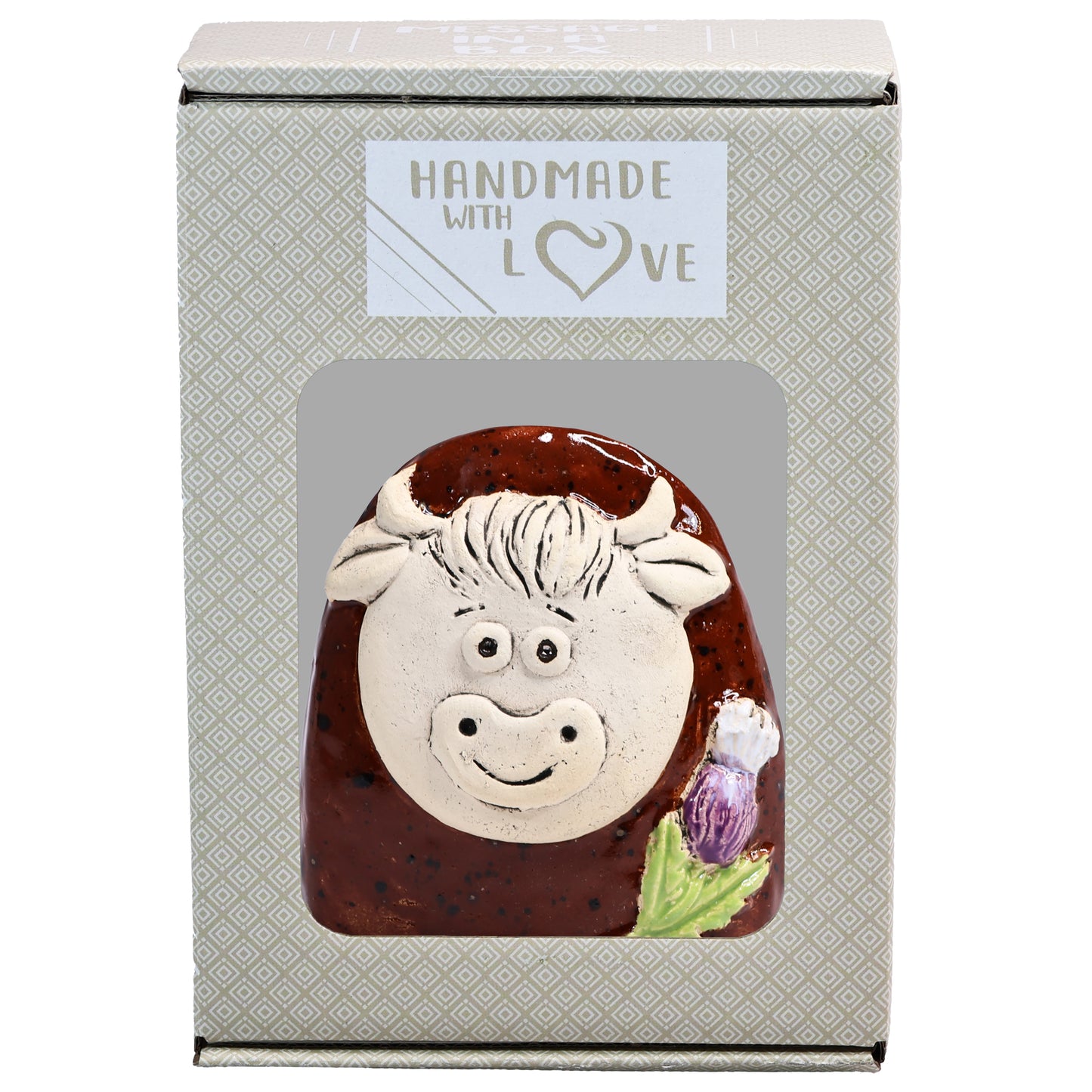 Charming Character of Handmade Ceramic Highland Cow with Thistle