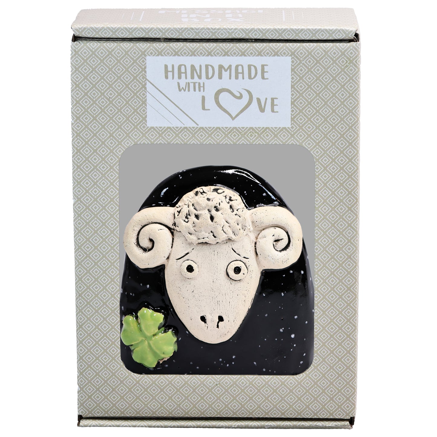 Charming Ceramic Ram with Four-Leaf Clover