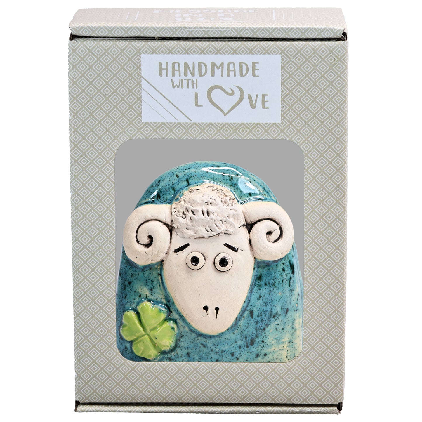 Charming Ceramic Ram with Four-Leaf Clover