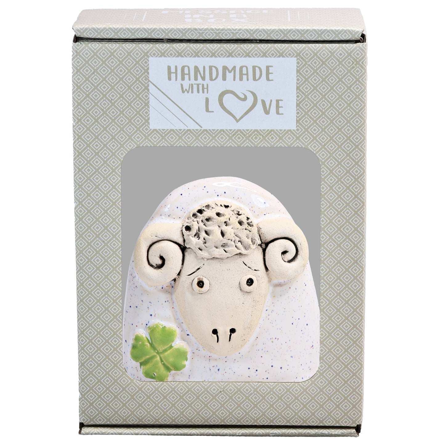 Charming Ceramic Ram with Four-Leaf Clover