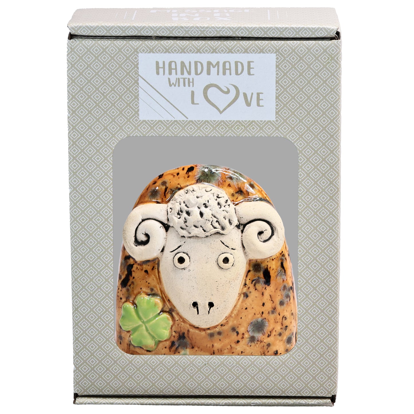 Charming Ceramic Ram with Four-Leaf Clover