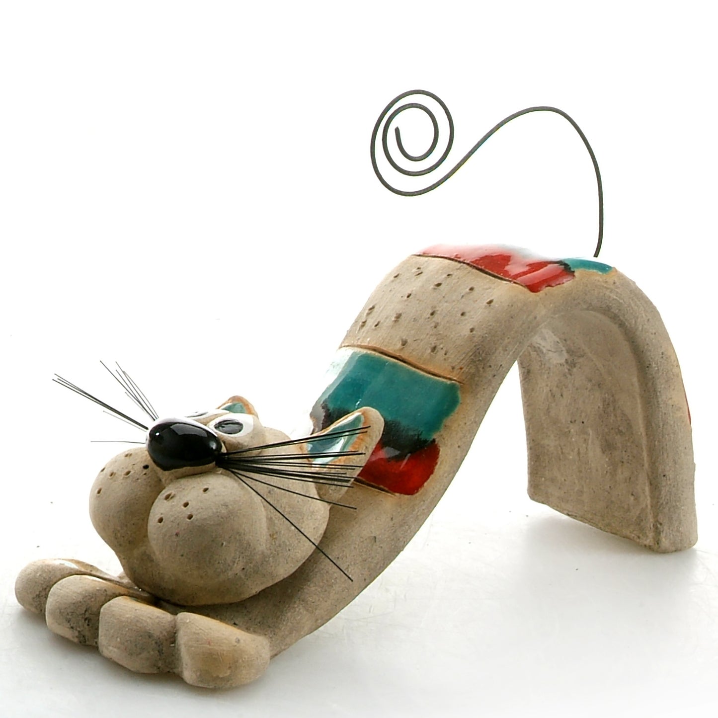 Handmade Ceramic Figurine of Playful Bendy Cat with Wire Tail