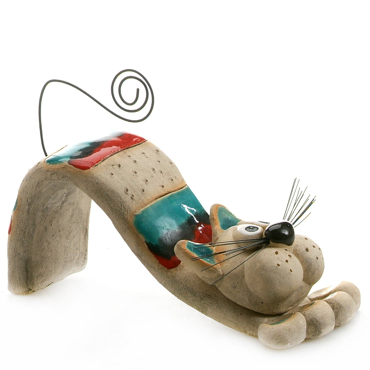 Handmade Ceramic Figurine of Playful Bendy Cat with Wire Tail