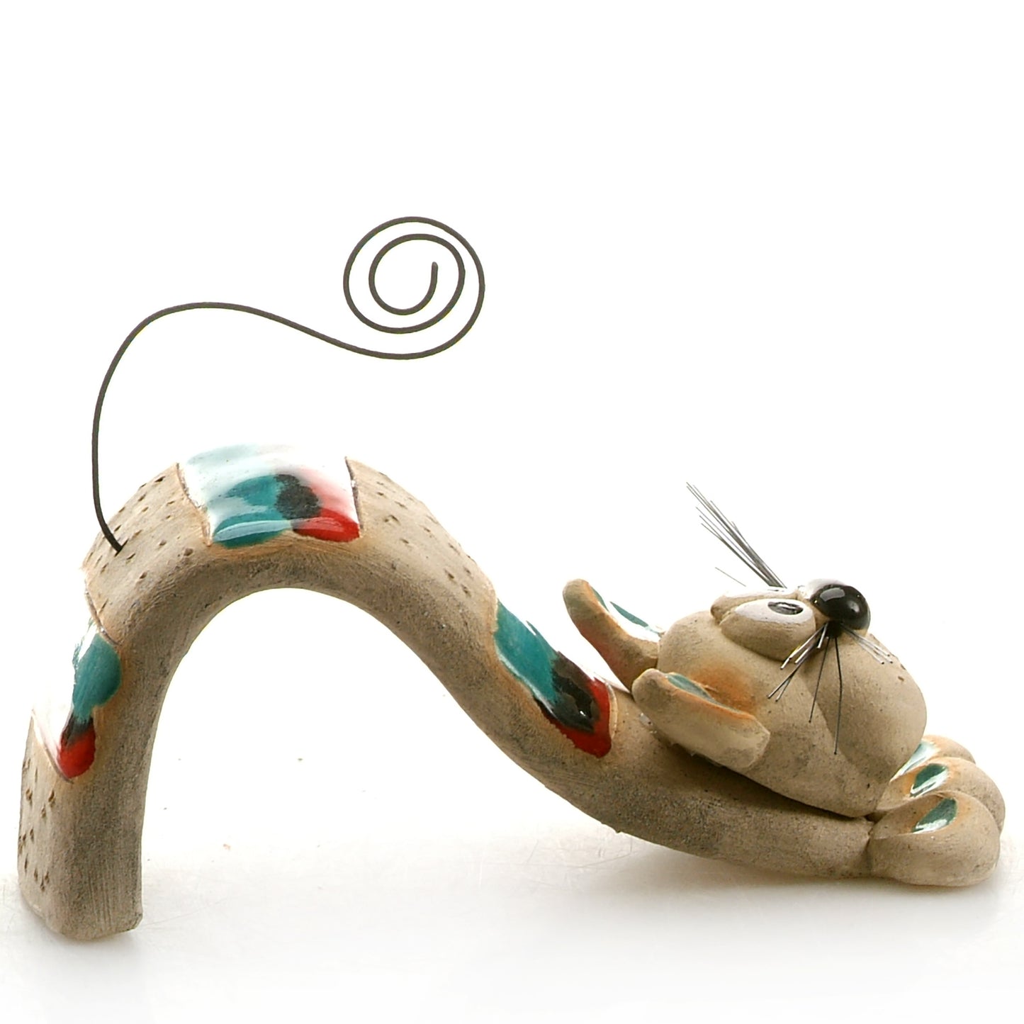 Handmade Ceramic Figurine of Playful Bendy Cat with Wire Tail