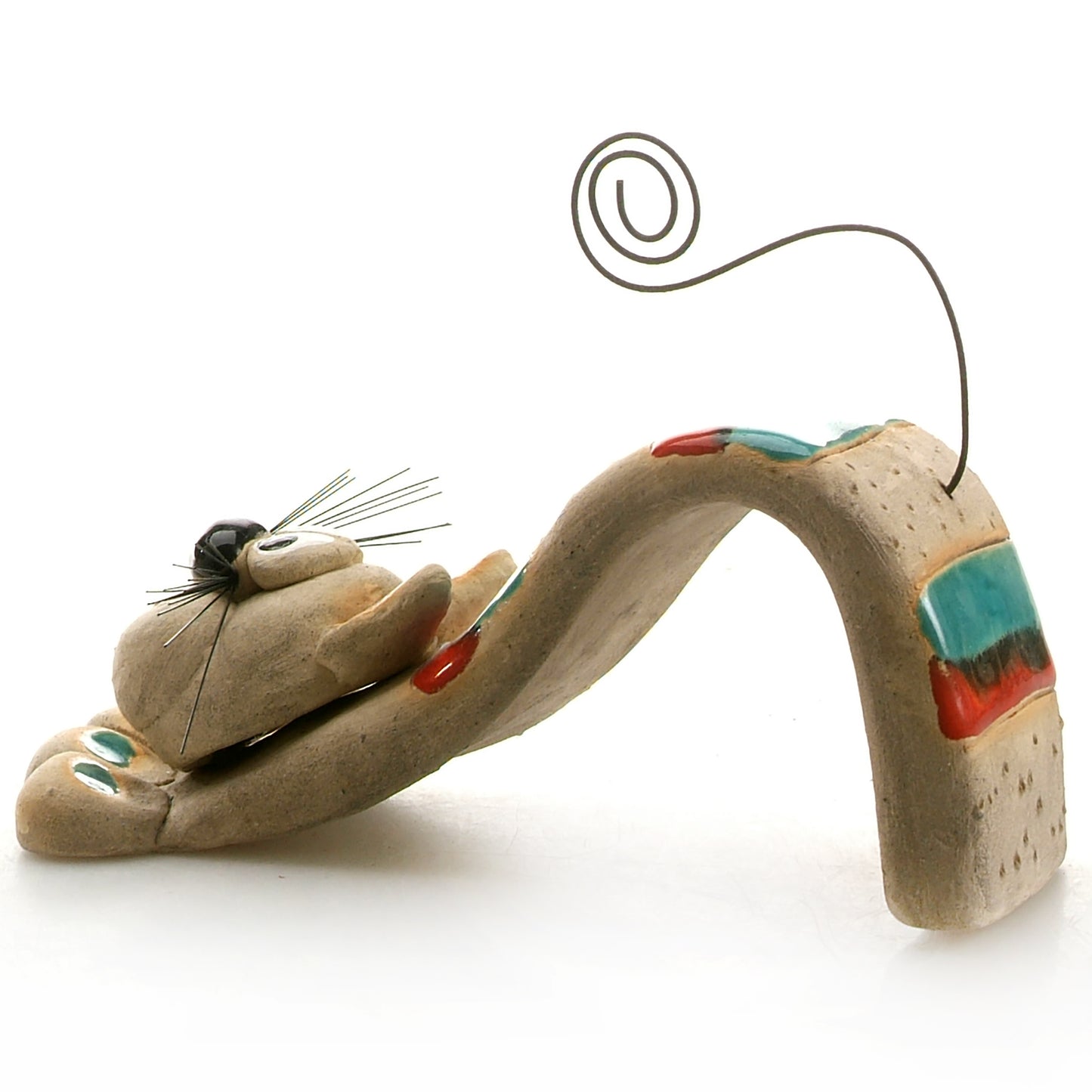Handmade Ceramic Figurine of Playful Bendy Cat with Wire Tail