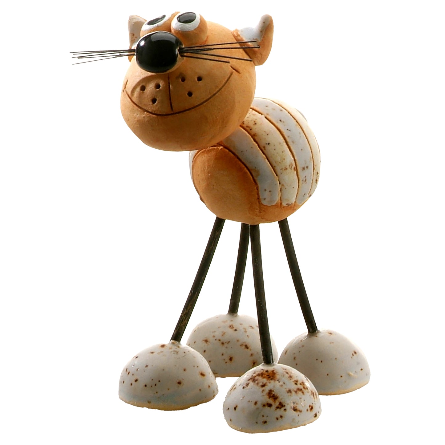 Handmade Stripey Ceramic Cat with Wire Legs