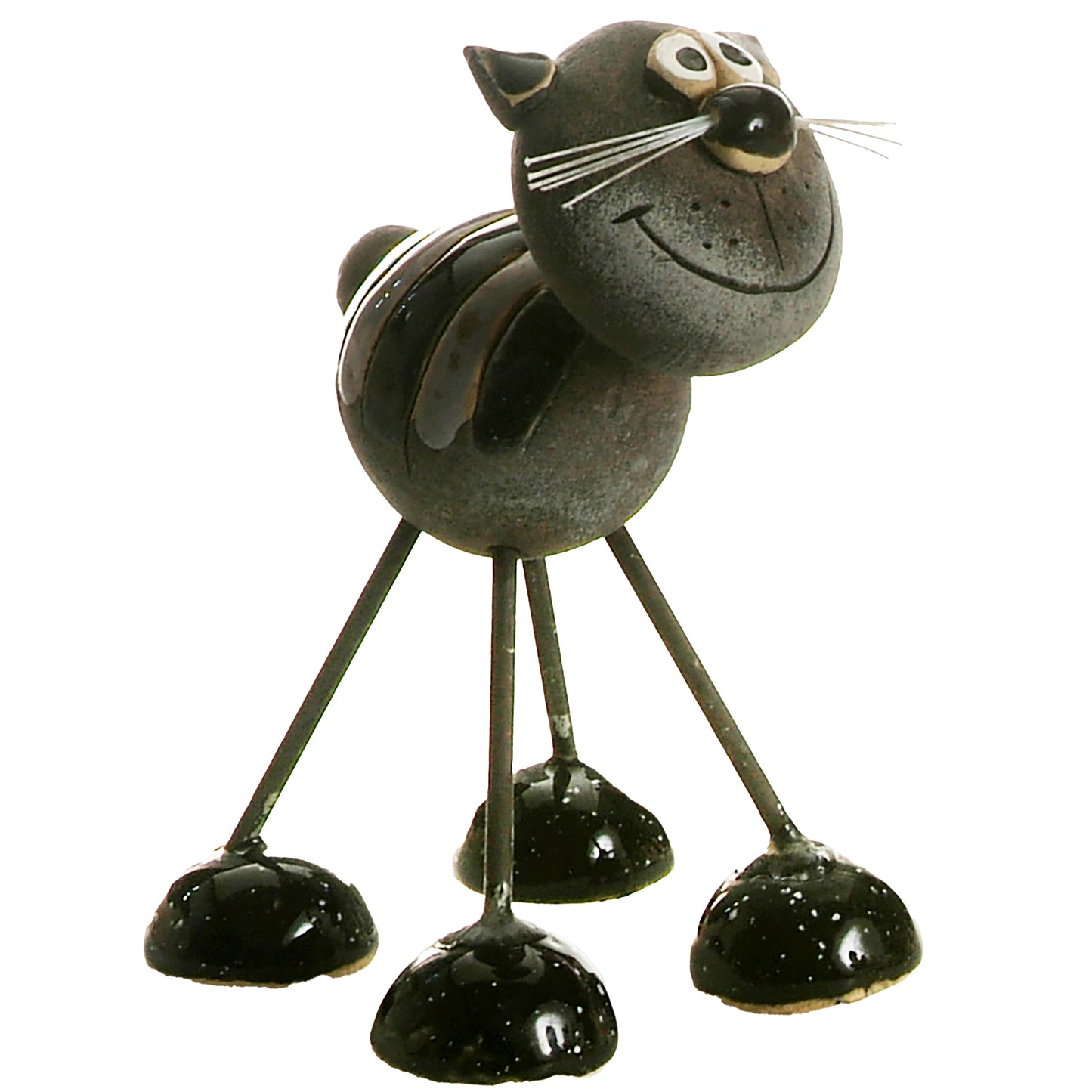 Handmade Stripey Ceramic Cat with Wire Legs