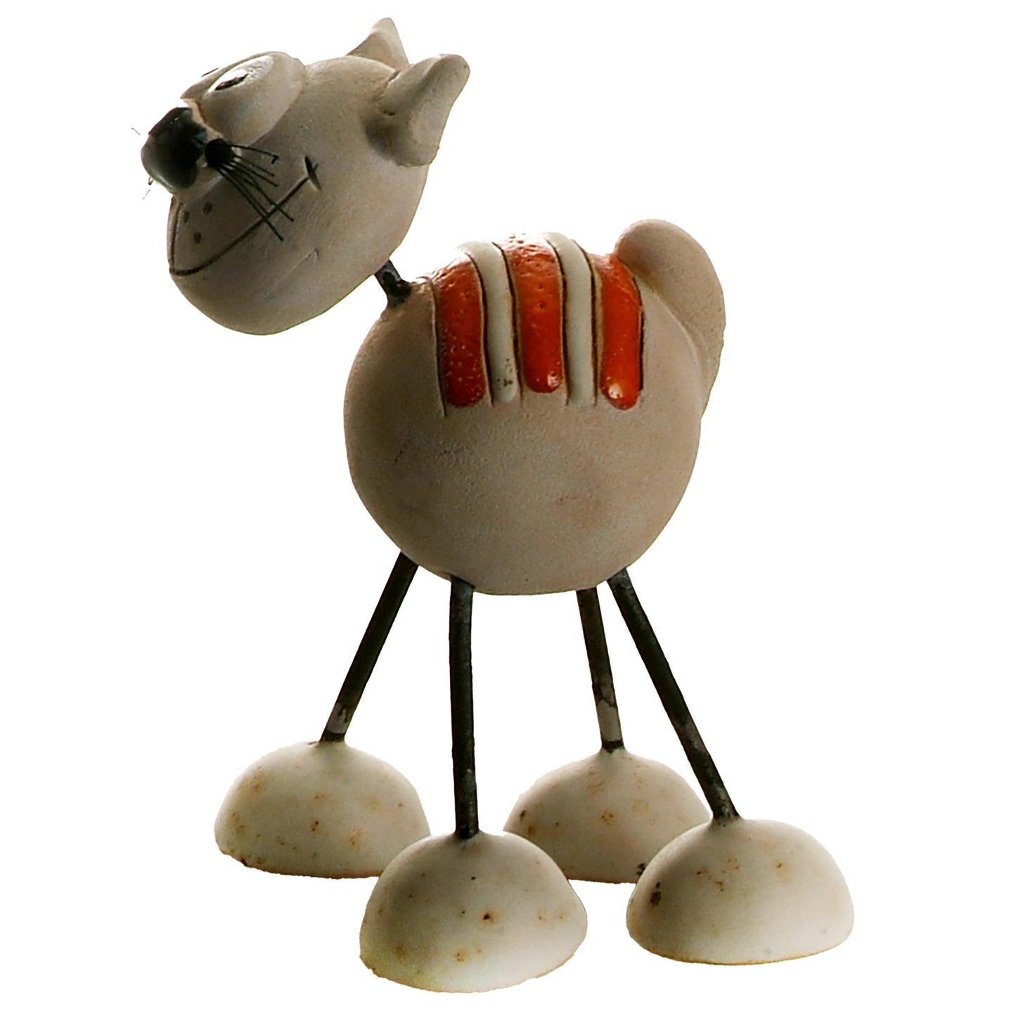 Handmade Stripey Ceramic Cat with Wire Legs