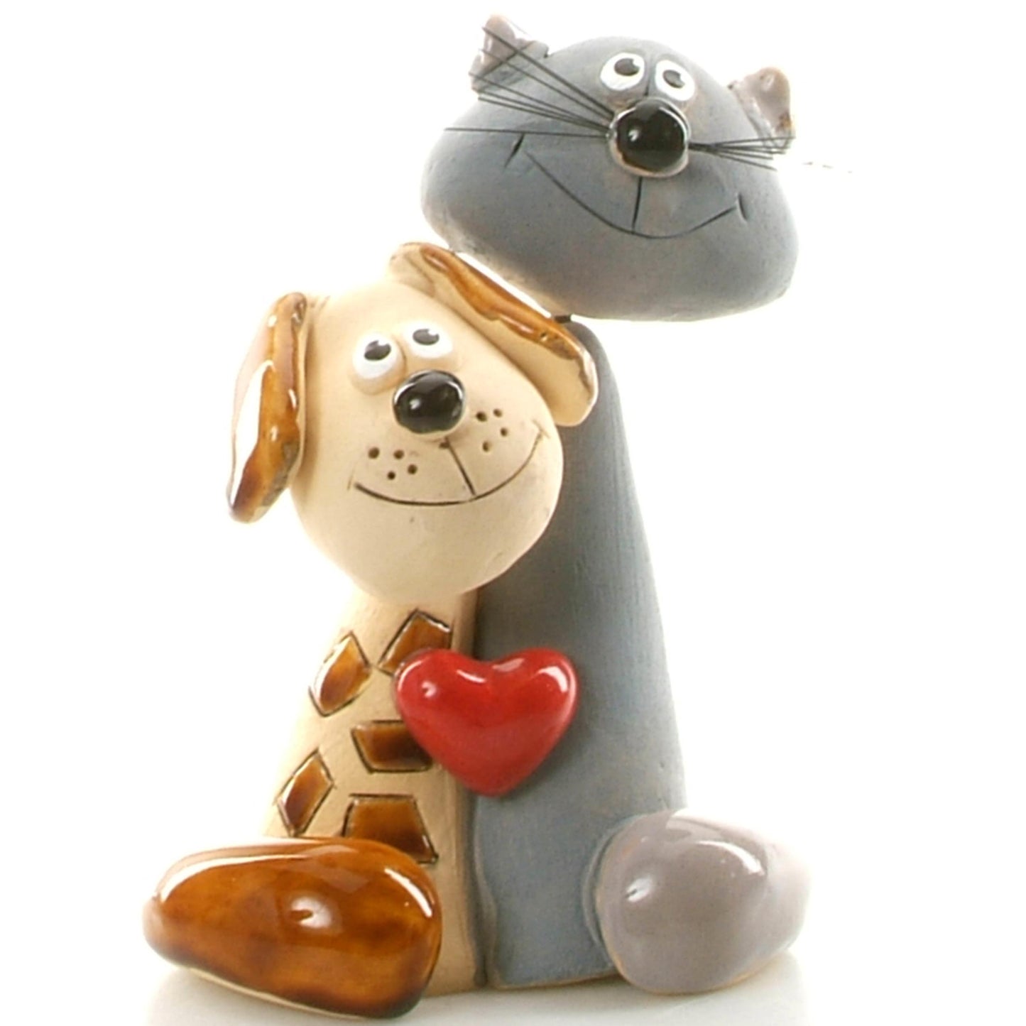 Handmade Ceramic Brown Spotty Dog & Grey Cat Couple with Red Heart