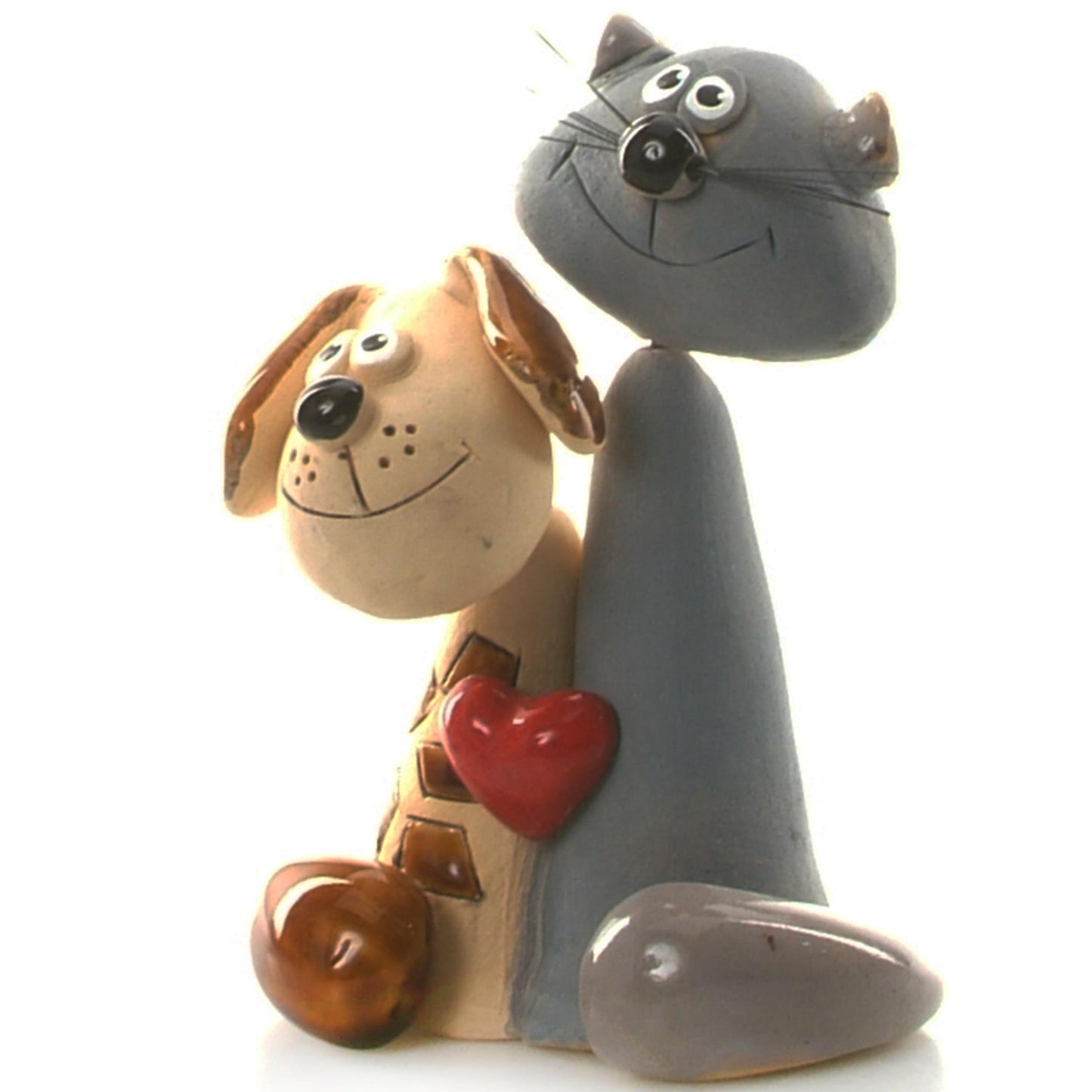 Handmade Ceramic Brown Spotty Dog & Grey Cat Couple with Red Heart