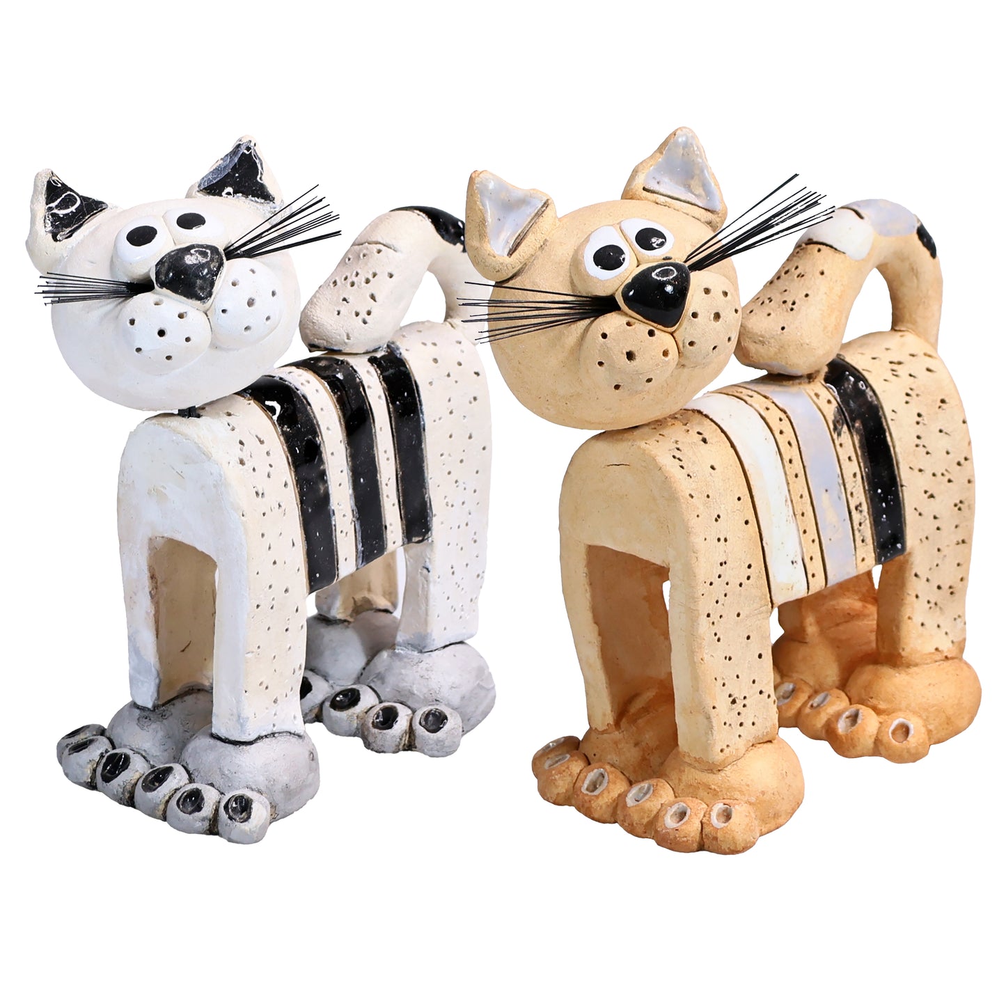 Handmade Ceramic Stripey Cat with Wire Whiskers in Various Colours