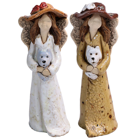 Handmade Ceramic Angel in Hat Holding Dog