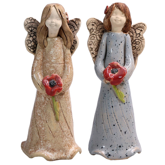 Handmade Ceramic Angel Holding Red Poppy
