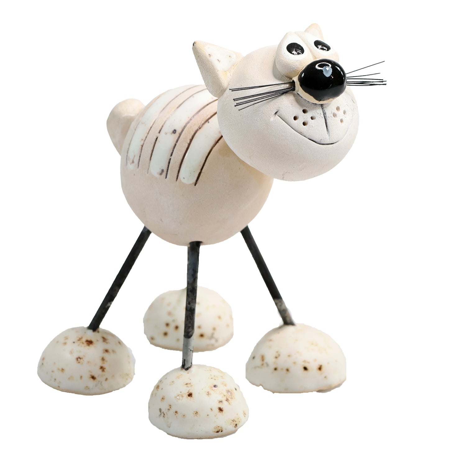 Handmade Stripey Ceramic Cat with Wire Legs