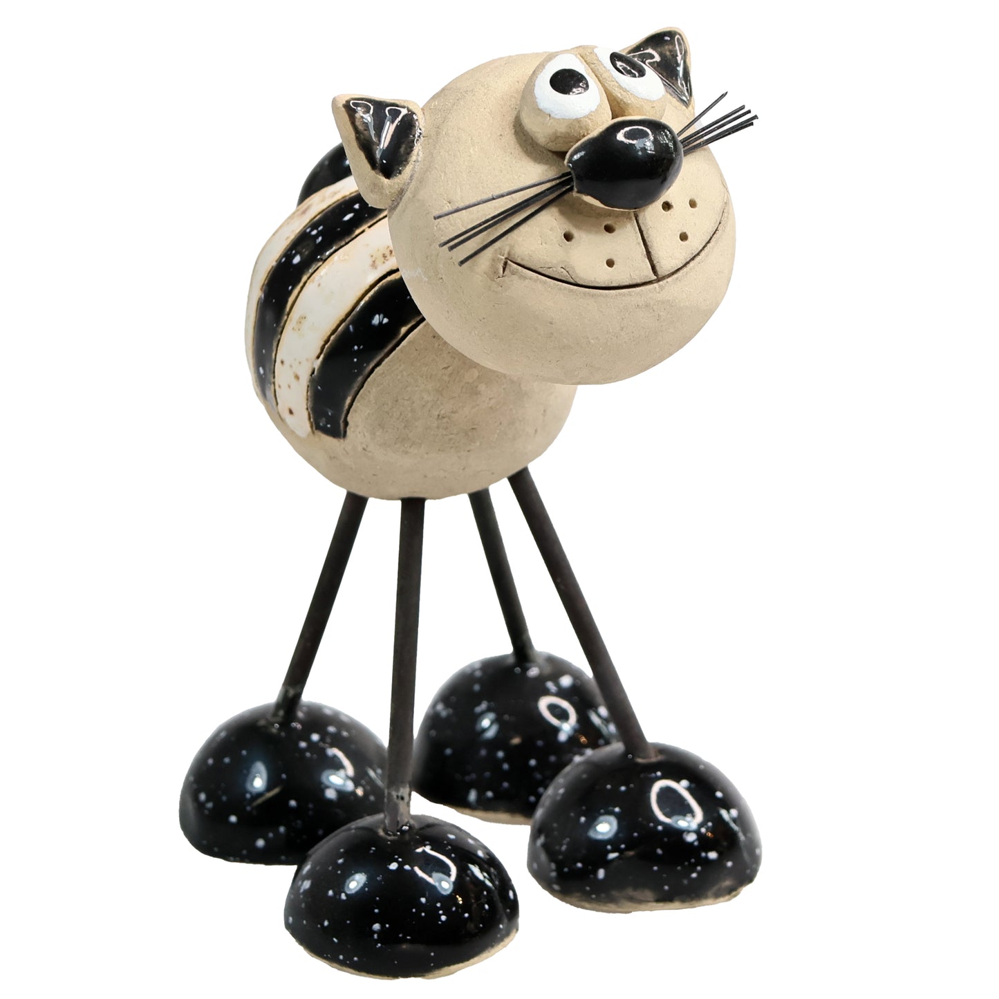 Handmade Stripey Ceramic Cat with Wire Legs