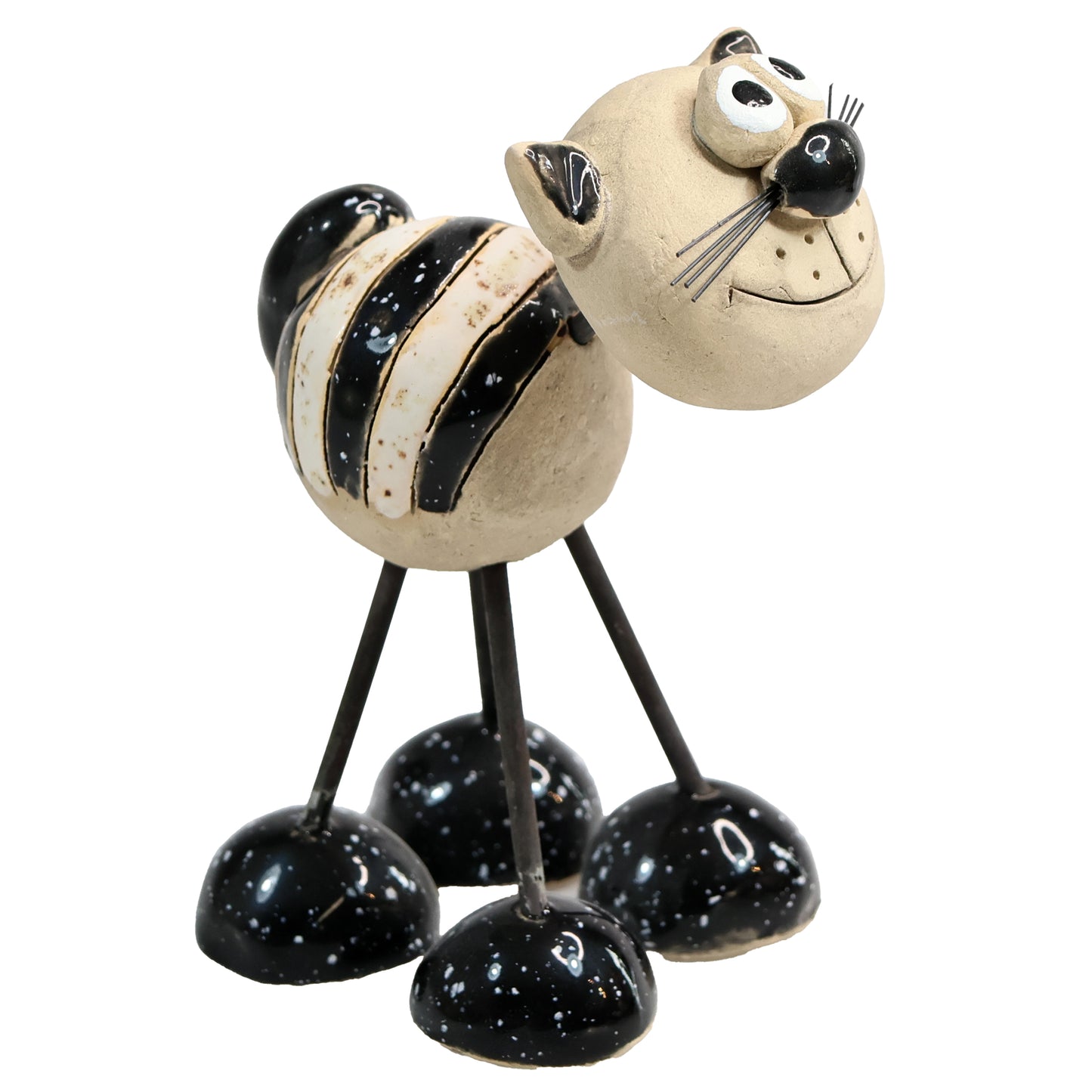 Handmade Stripey Ceramic Cat with Wire Legs