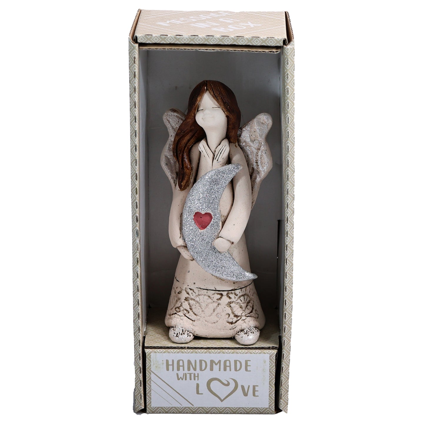 Handmade Rustic Natural Beige Ceramic Angel Holding Moon