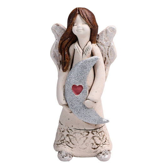 Handmade Rustic Natural Beige Ceramic Angel Holding Moon