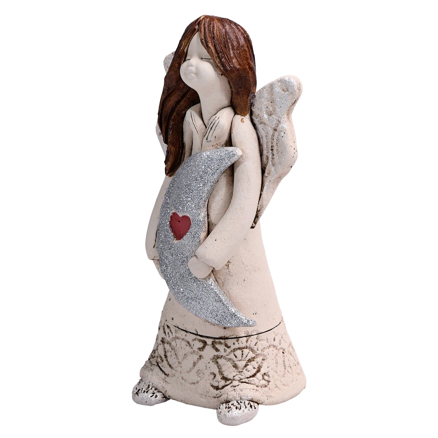 Handmade Rustic Natural Beige Ceramic Angel Holding Moon
