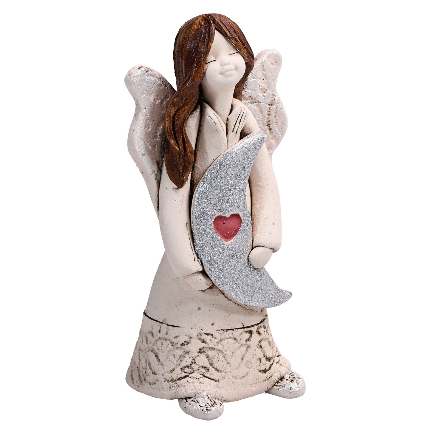 Handmade Rustic Natural Beige Ceramic Angel Holding Moon