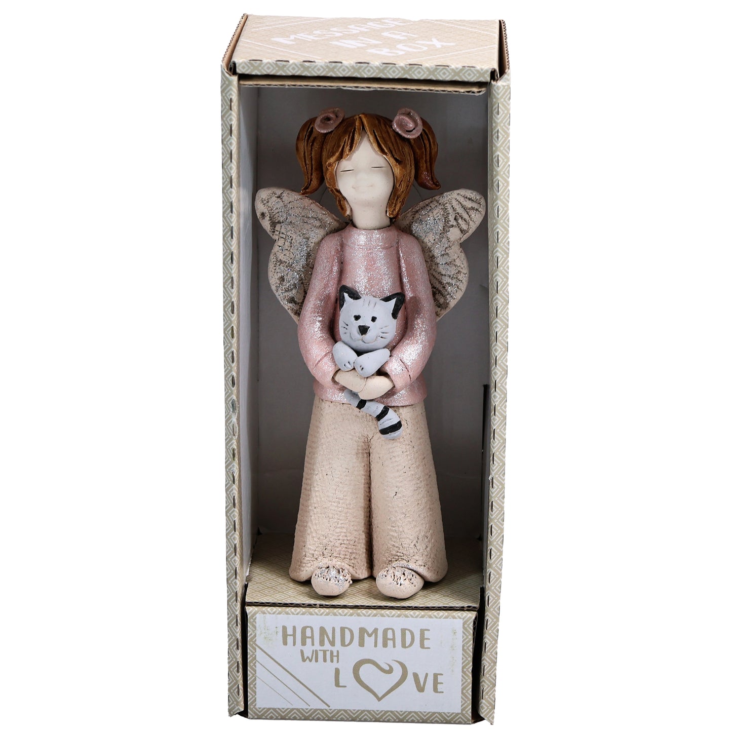 Handmade Rustic Natural Beige Ceramic Child Angel Holding Cat