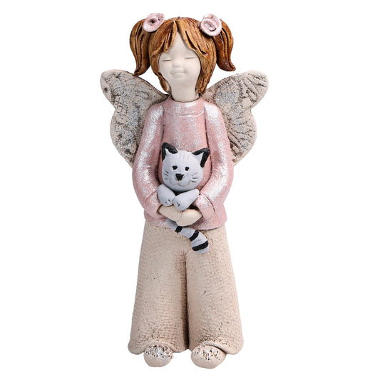 Handmade Rustic Natural Beige Ceramic Child Angel Holding Cat
