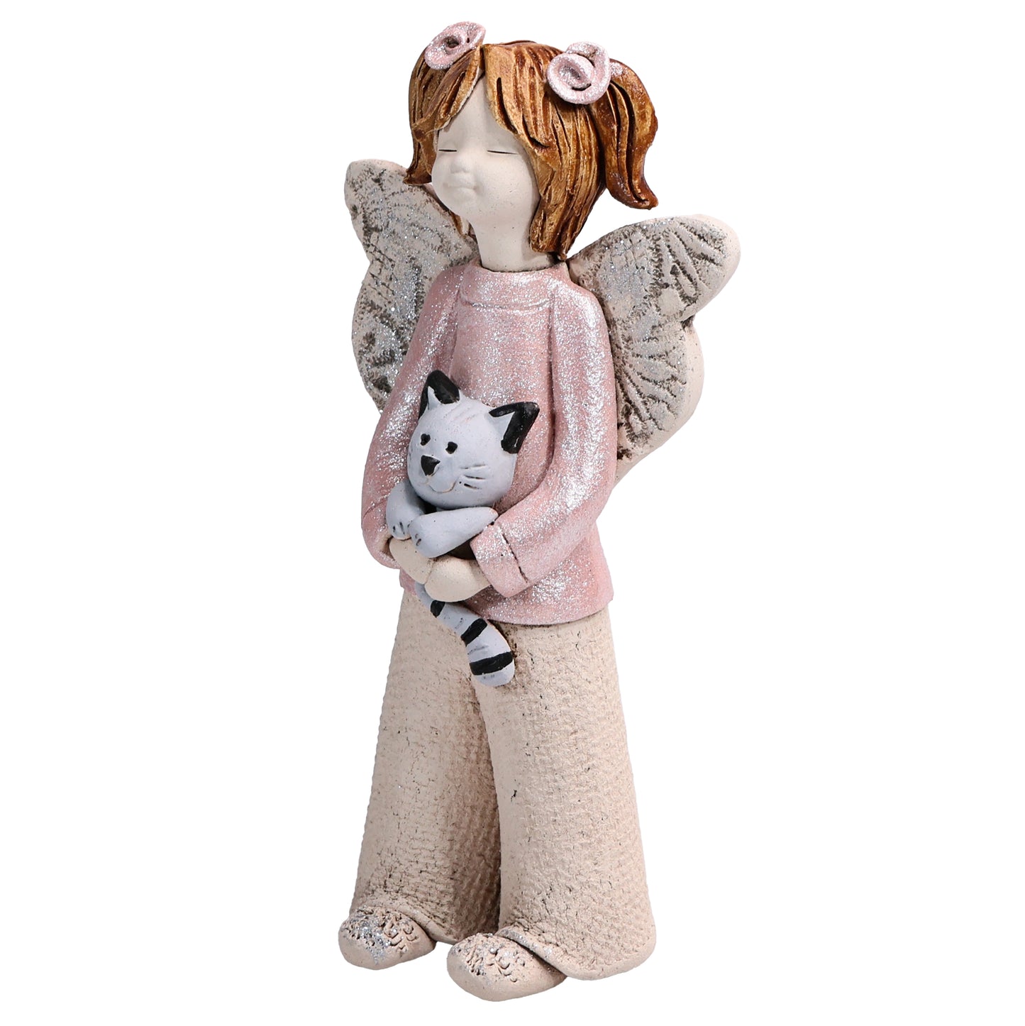 Handmade Rustic Natural Beige Ceramic Child Angel Holding Cat