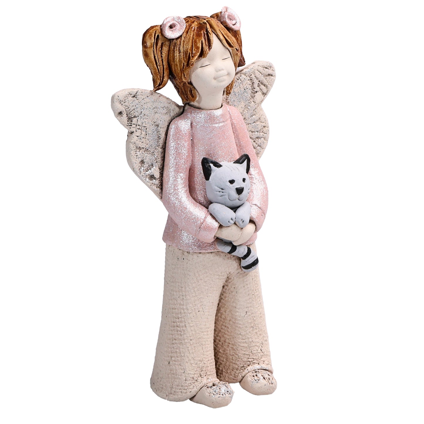 Handmade Rustic Natural Beige Ceramic Child Angel Holding Cat