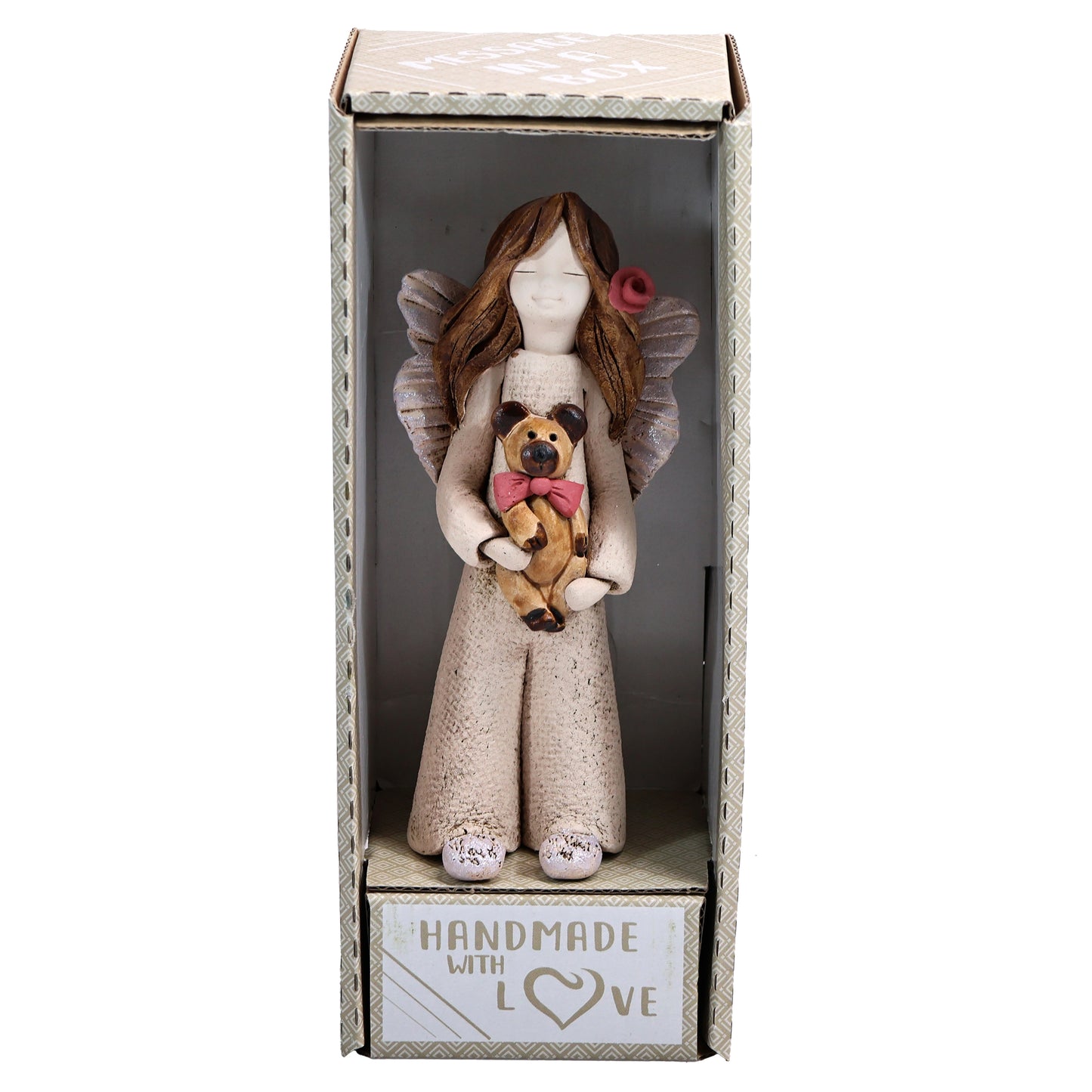 Handmade Rustic Natural Beige Ceramic Child Angel Holding Teddy Bear