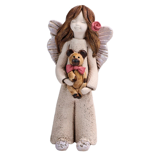 Handmade Rustic Natural Beige Ceramic Child Angel Holding Teddy Bear