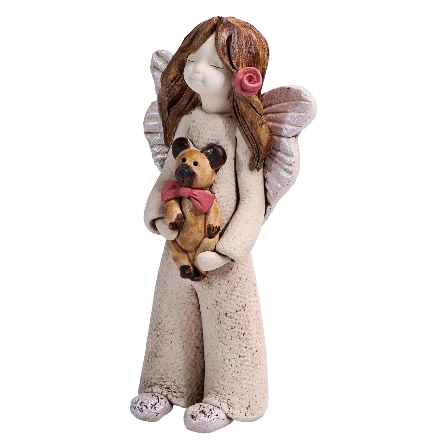 Handmade Rustic Natural Beige Ceramic Child Angel Holding Teddy Bear