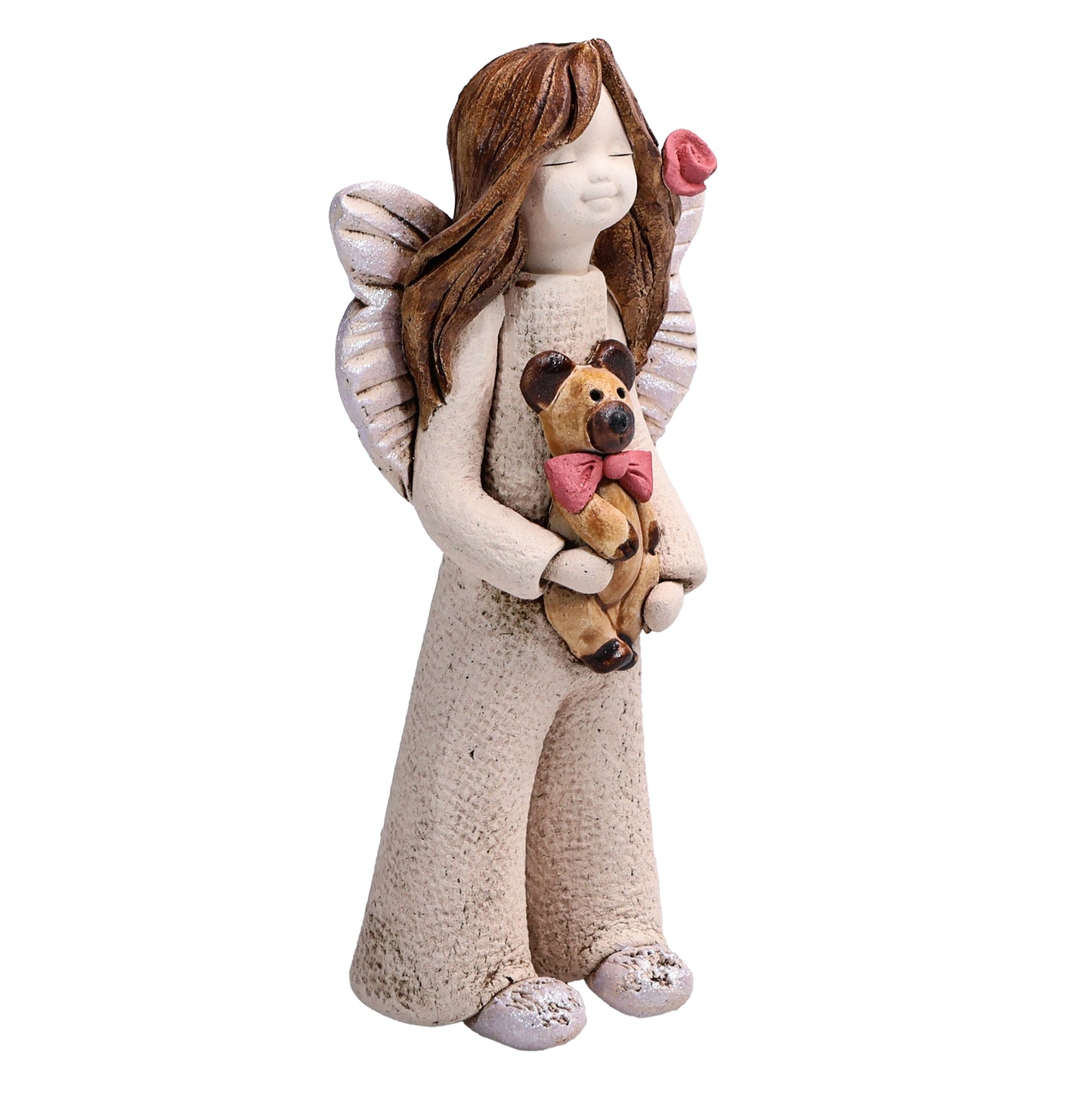 Handmade Rustic Natural Beige Ceramic Child Angel Holding Teddy Bear
