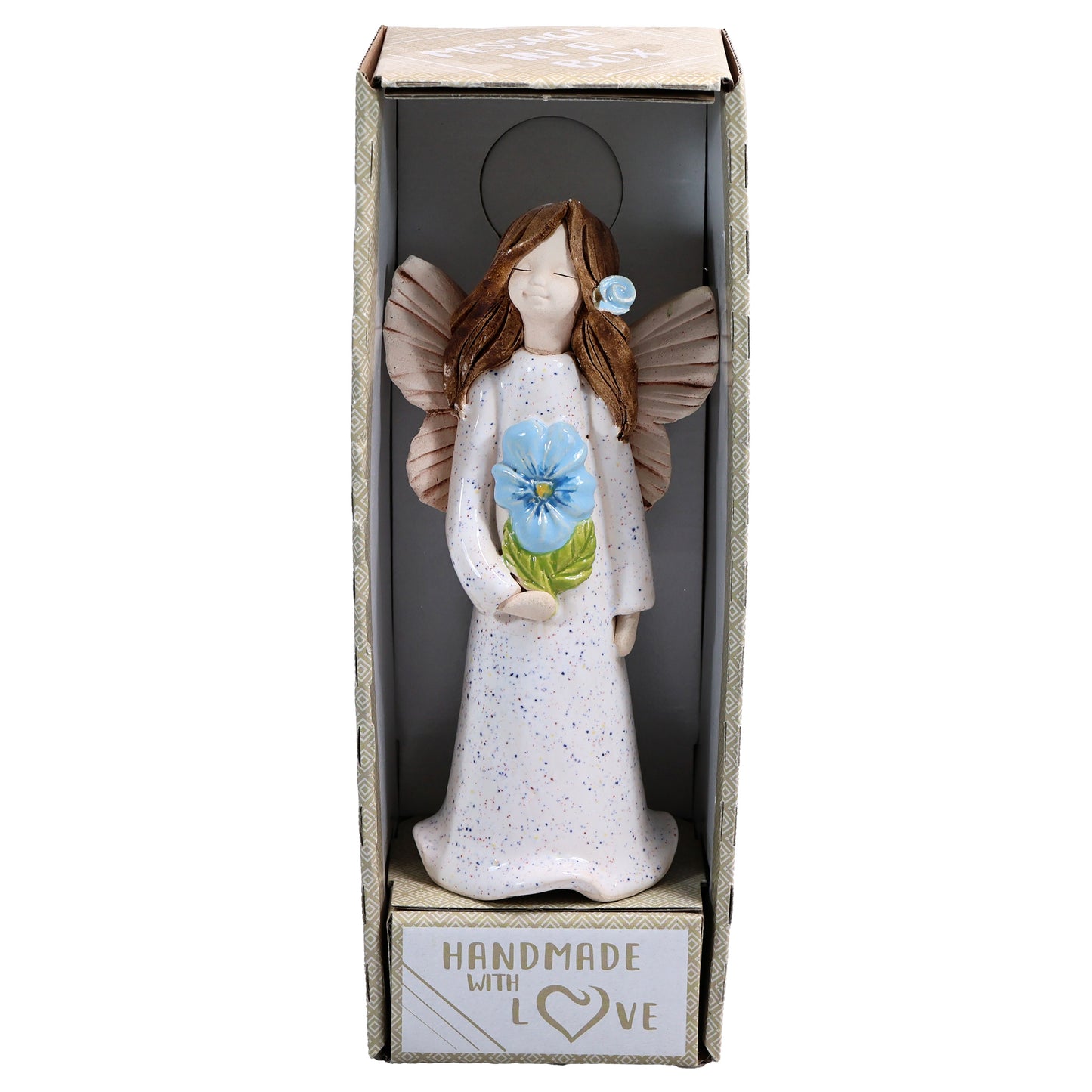 Handmade Ceramic Angel Holding Blue Forget-Me-Not