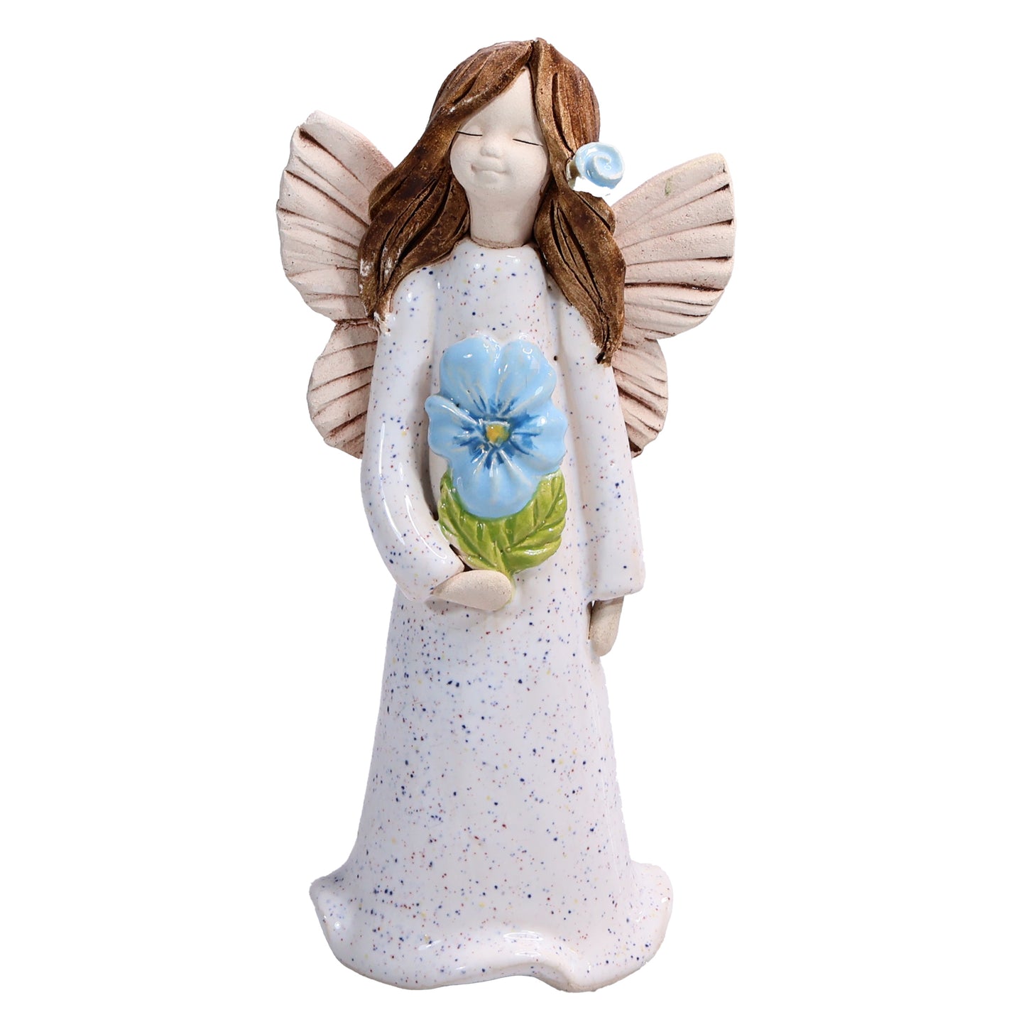 Handmade Ceramic Angel Holding Blue Forget-Me-Not