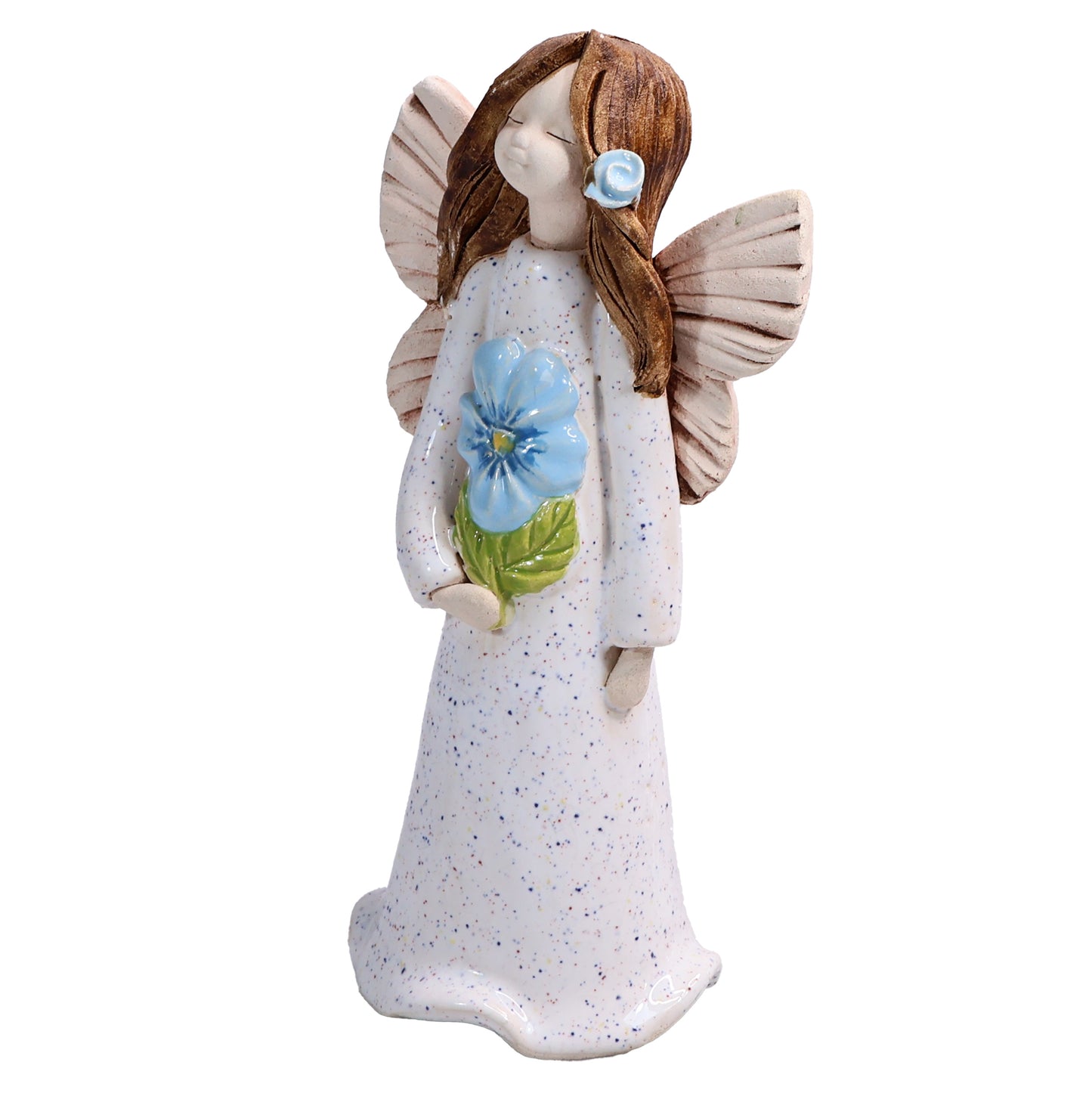 Handmade Ceramic Angel Holding Blue Forget-Me-Not