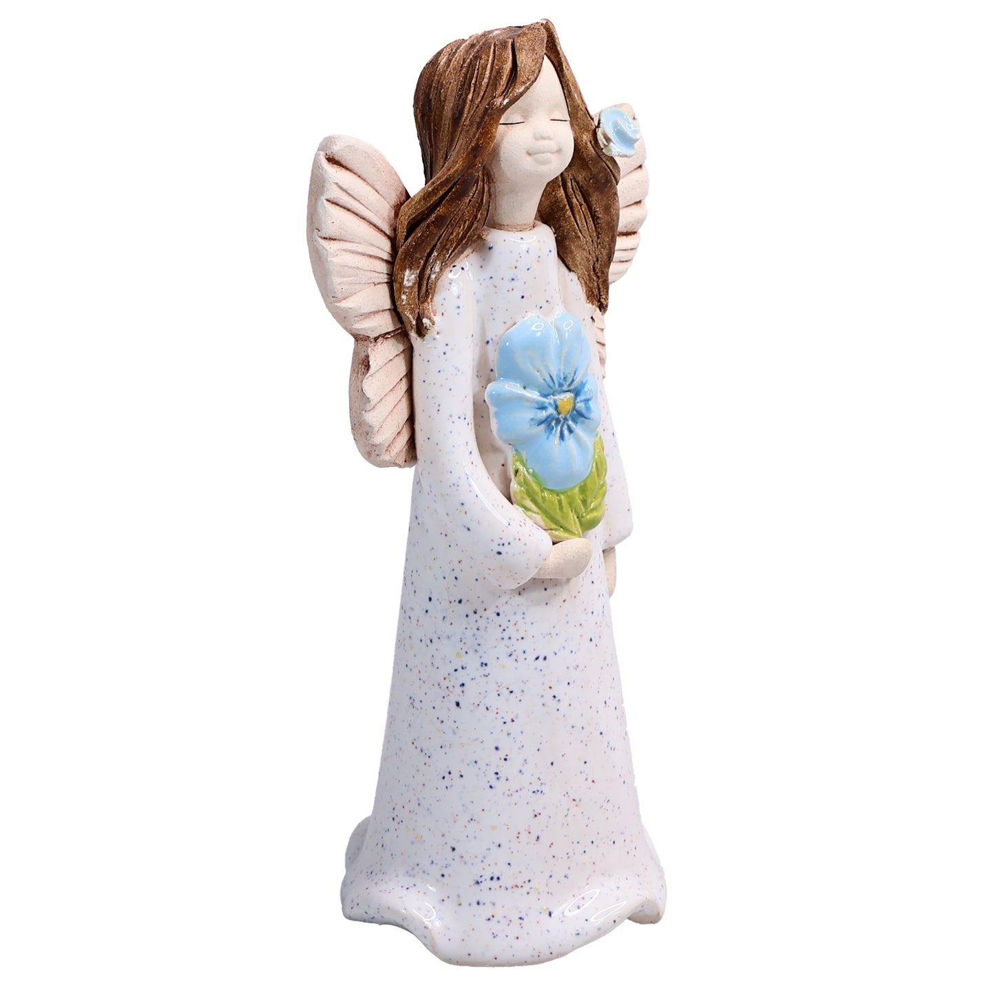 Handmade Ceramic Angel Holding Blue Forget-Me-Not