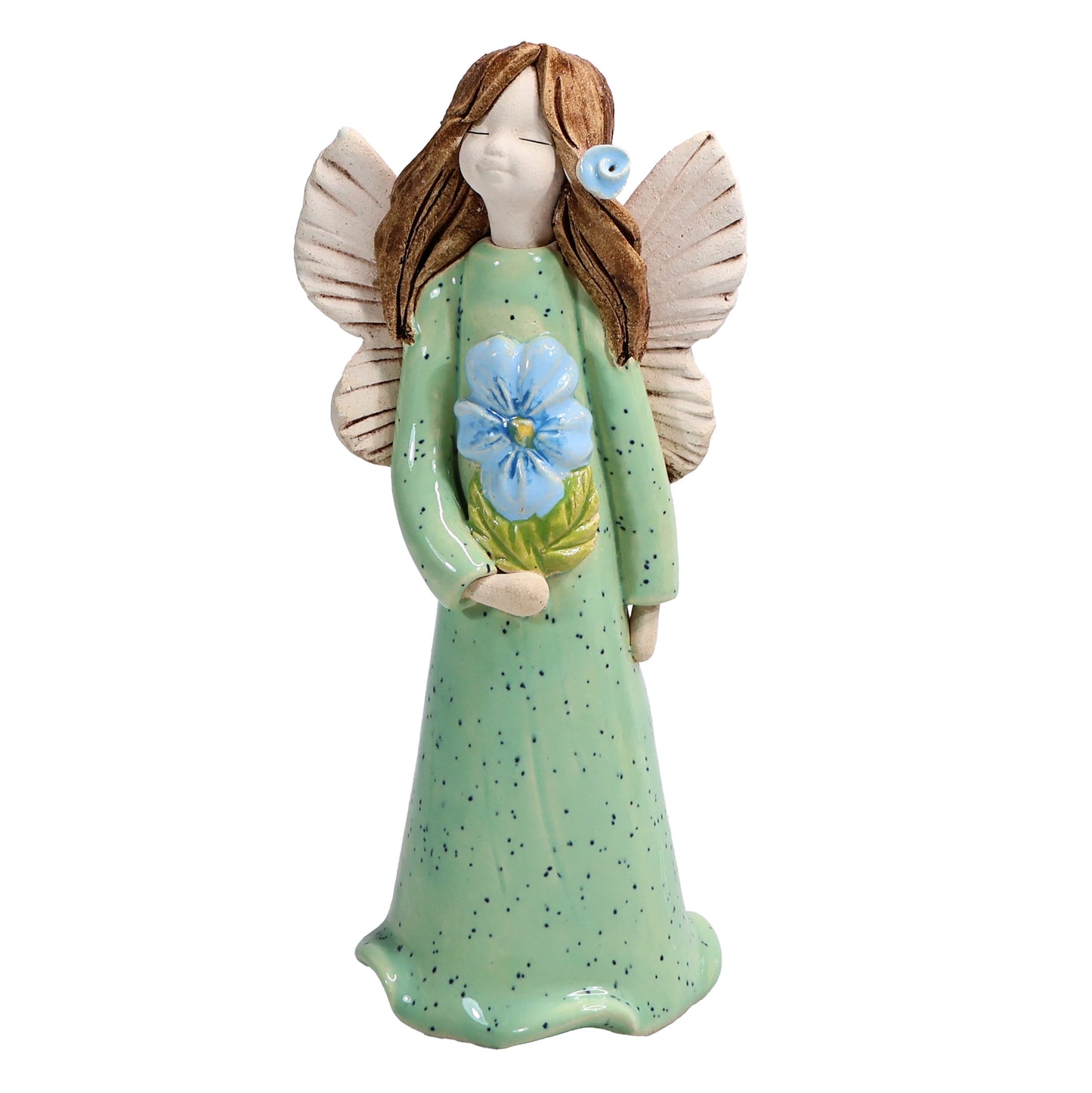 Handmade Ceramic Angel Holding Blue Forget-Me-Not