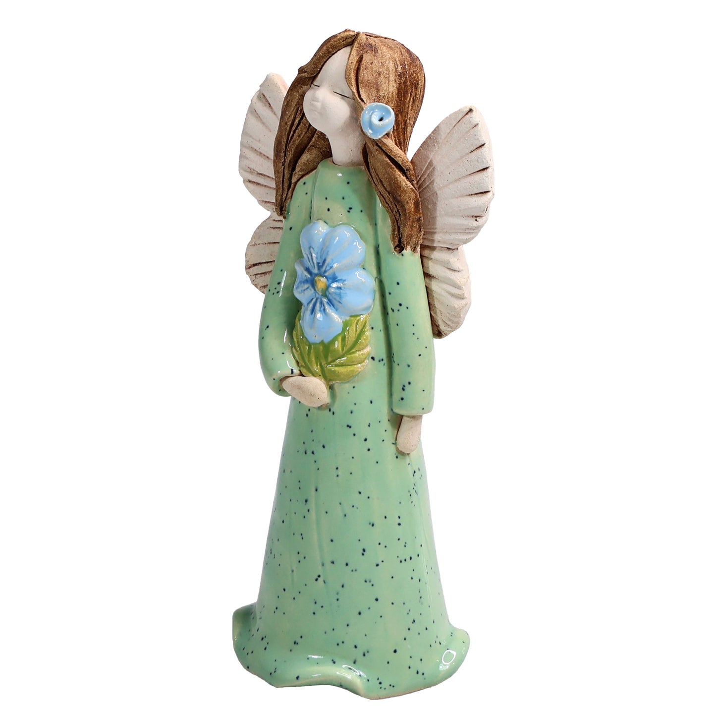 Handmade Ceramic Angel Holding Blue Forget-Me-Not