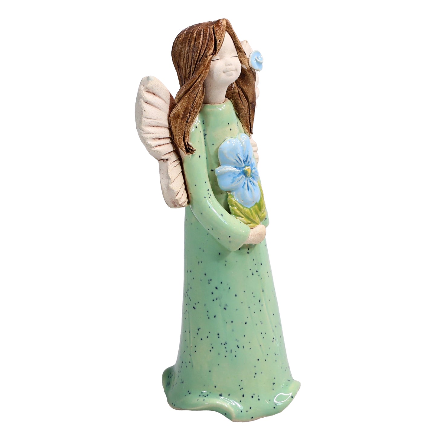 Handmade Ceramic Angel Holding Blue Forget-Me-Not