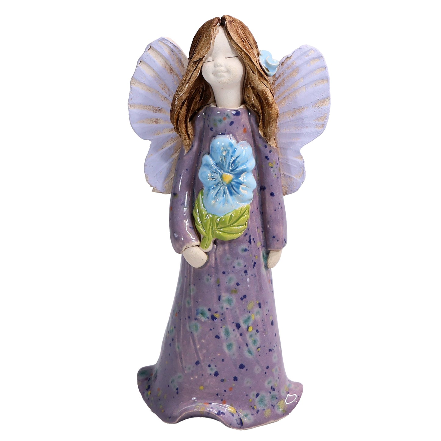 Handmade Ceramic Angel Holding Blue Forget-Me-Not