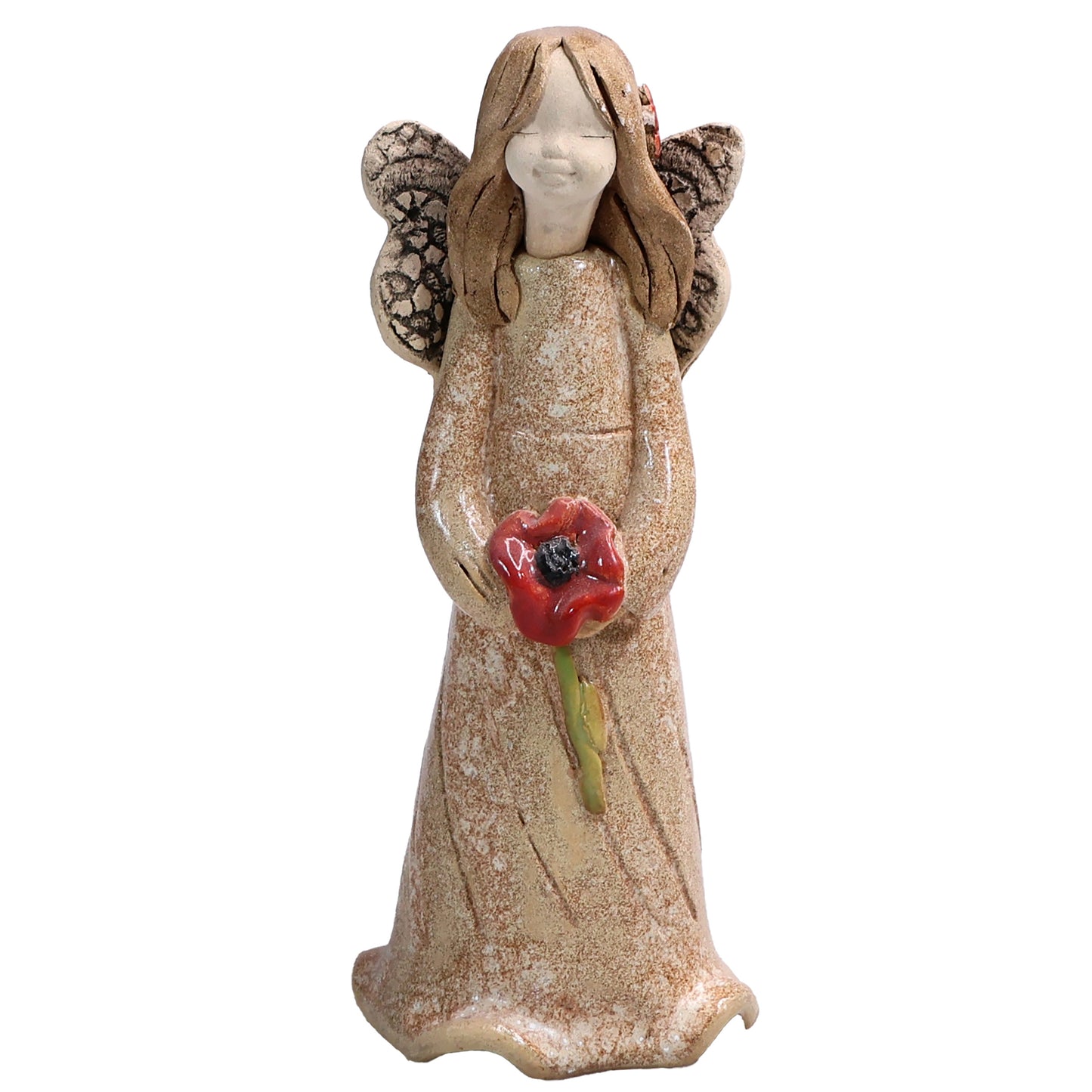Handmade Ceramic Angel Holding Red Poppy