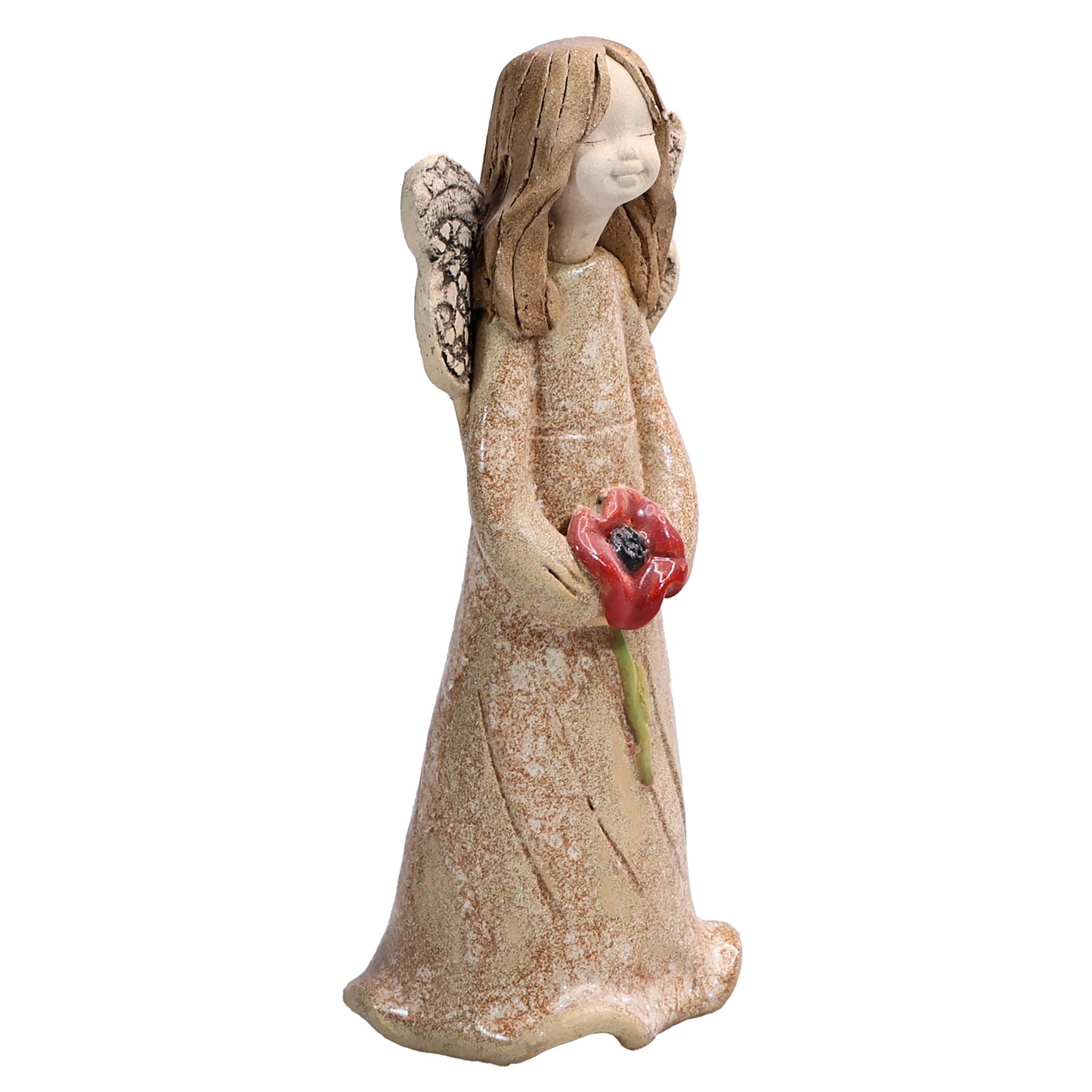 Handmade Ceramic Angel Holding Red Poppy