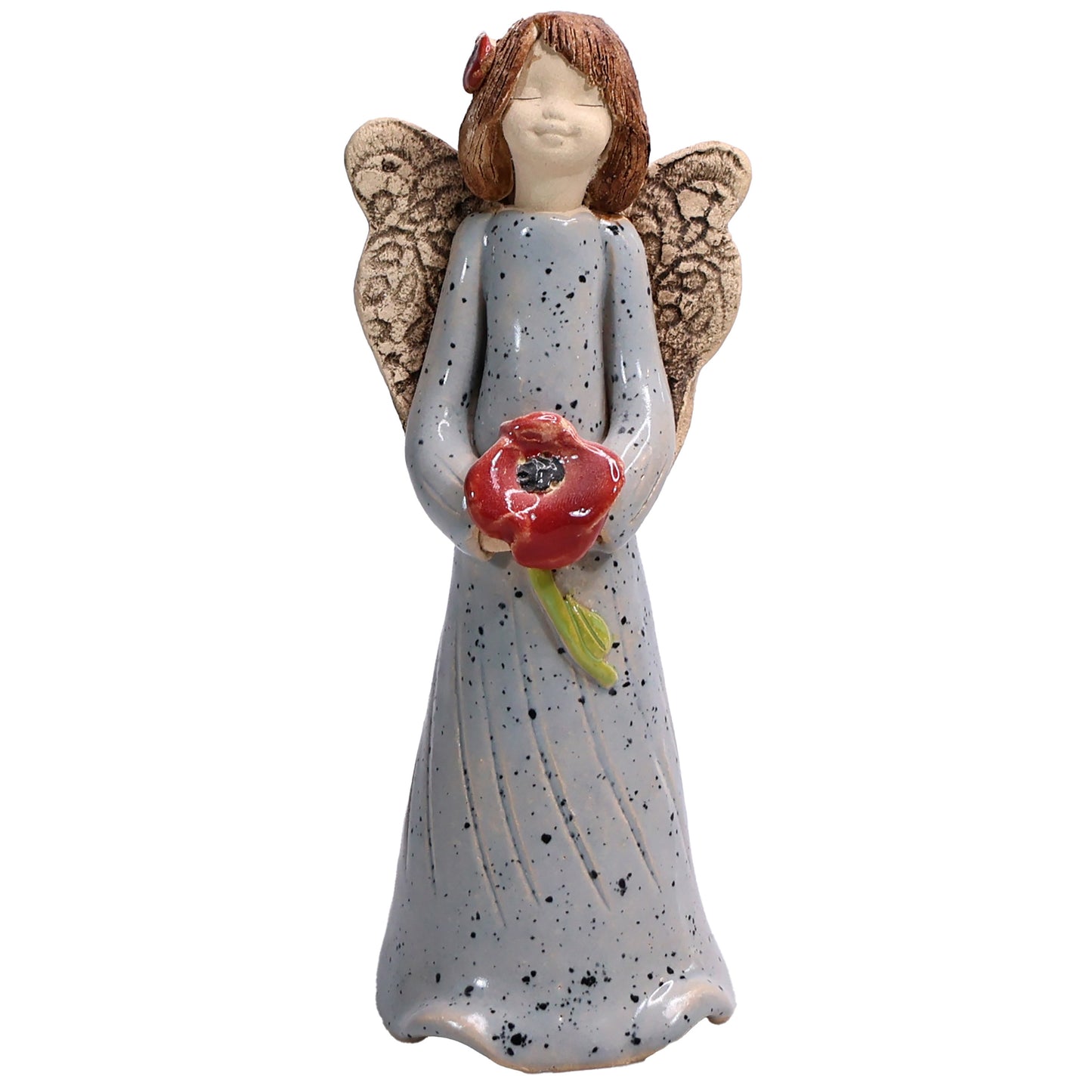 Handmade Ceramic Angel Holding Red Poppy