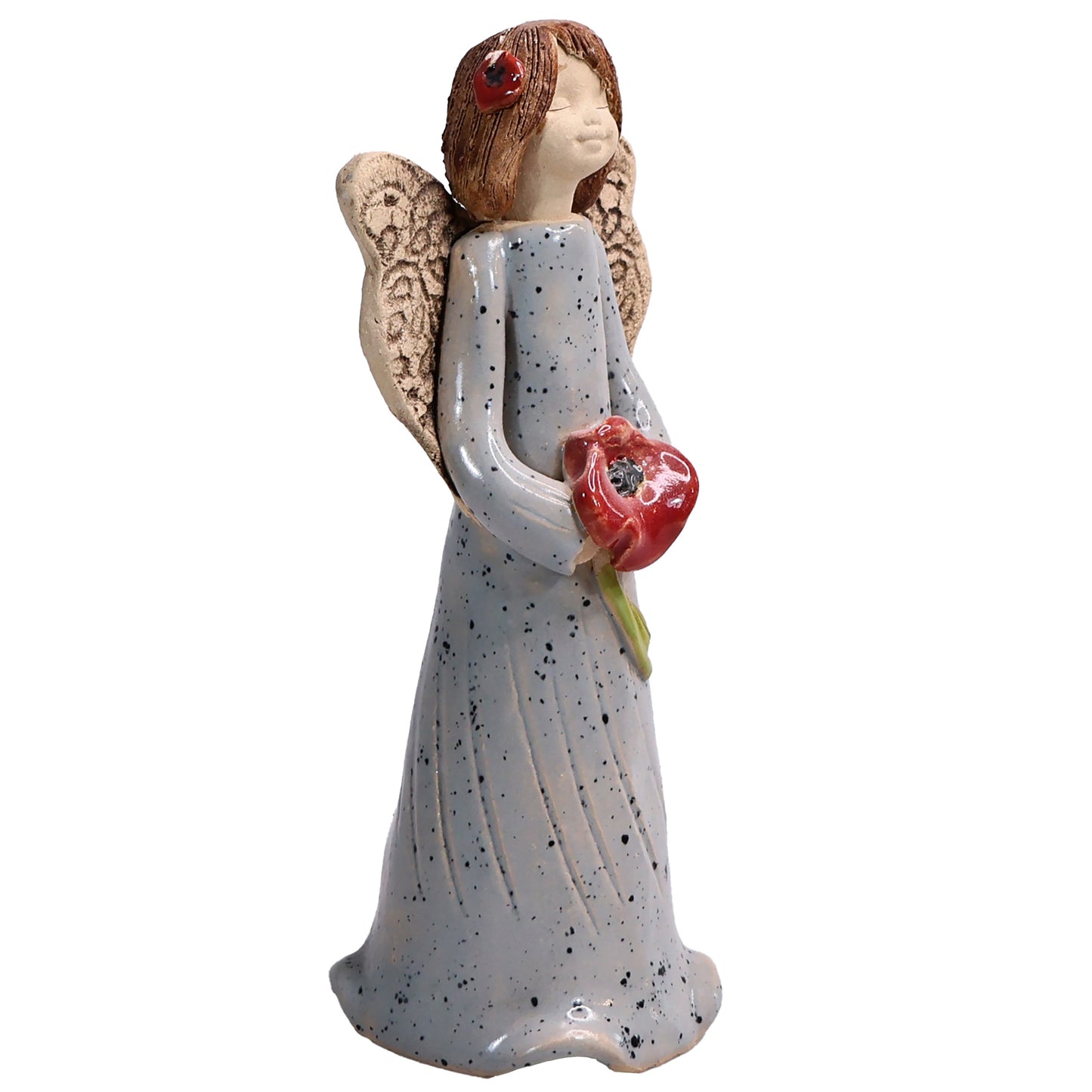 Handmade Ceramic Angel Holding Red Poppy