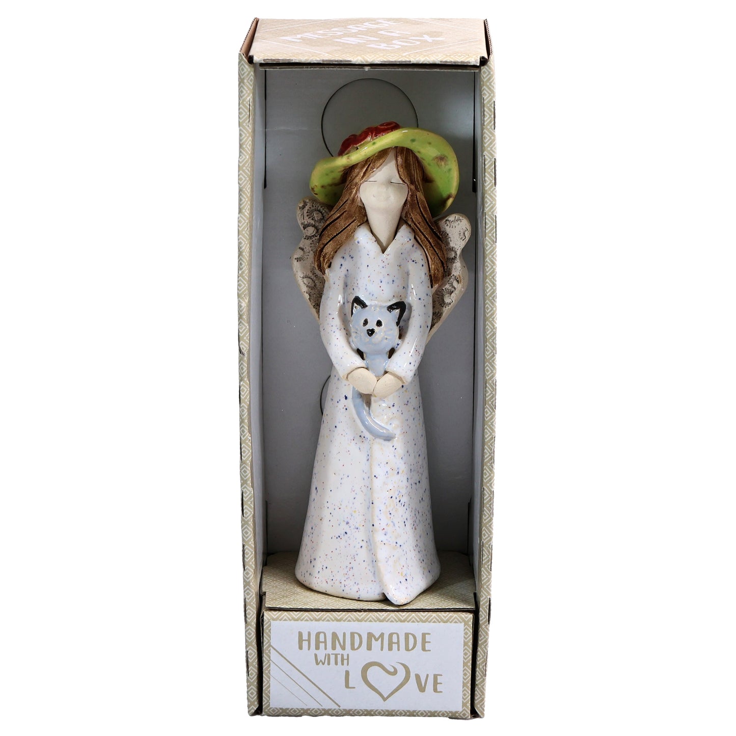 Handmade Ceramic Angel in Hat Holding Cat