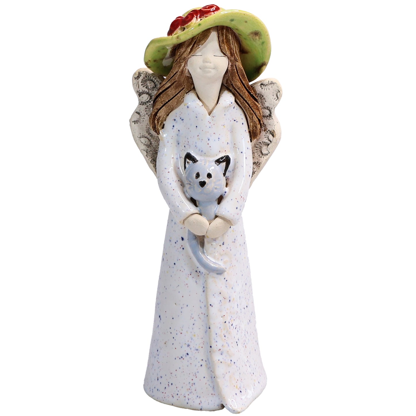 Handmade Ceramic Angel in Hat Holding Cat