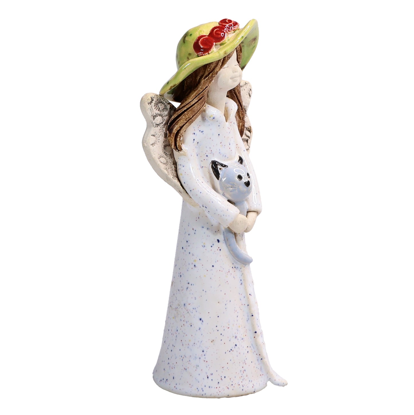 Handmade Ceramic Angel in Hat Holding Cat