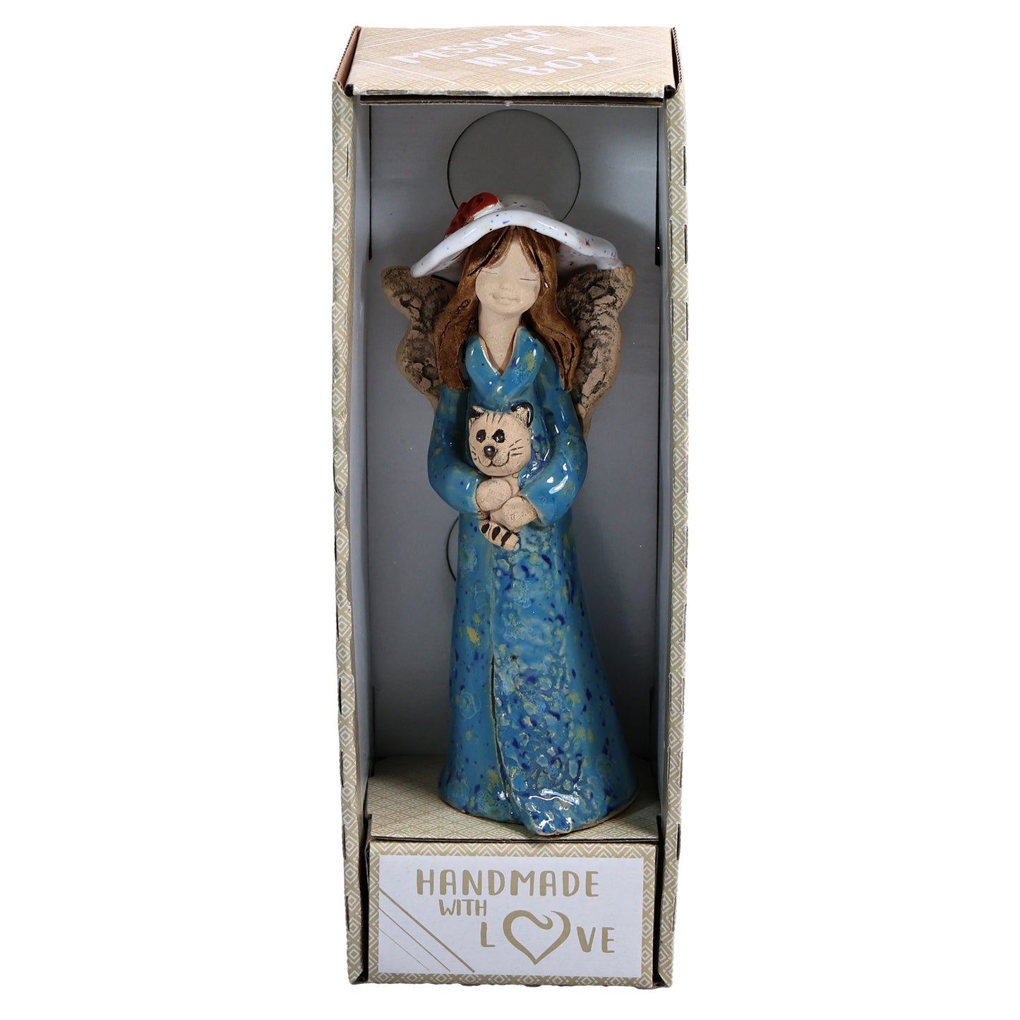 Handmade Ceramic Angel in Hat Holding Cat