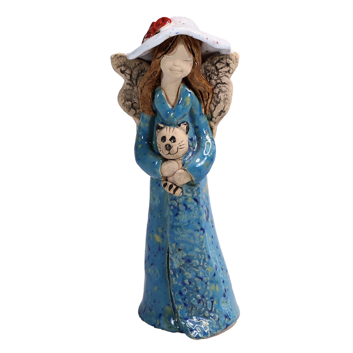 Handmade Ceramic Angel in Hat Holding Cat